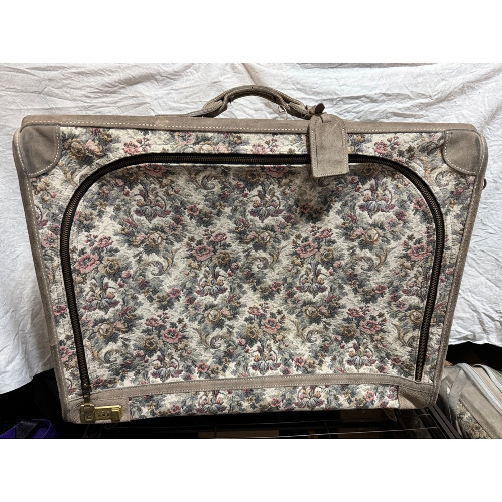 French Luggage Co Vintage Floral Tapestry Suede Suitcase Handcrafted California